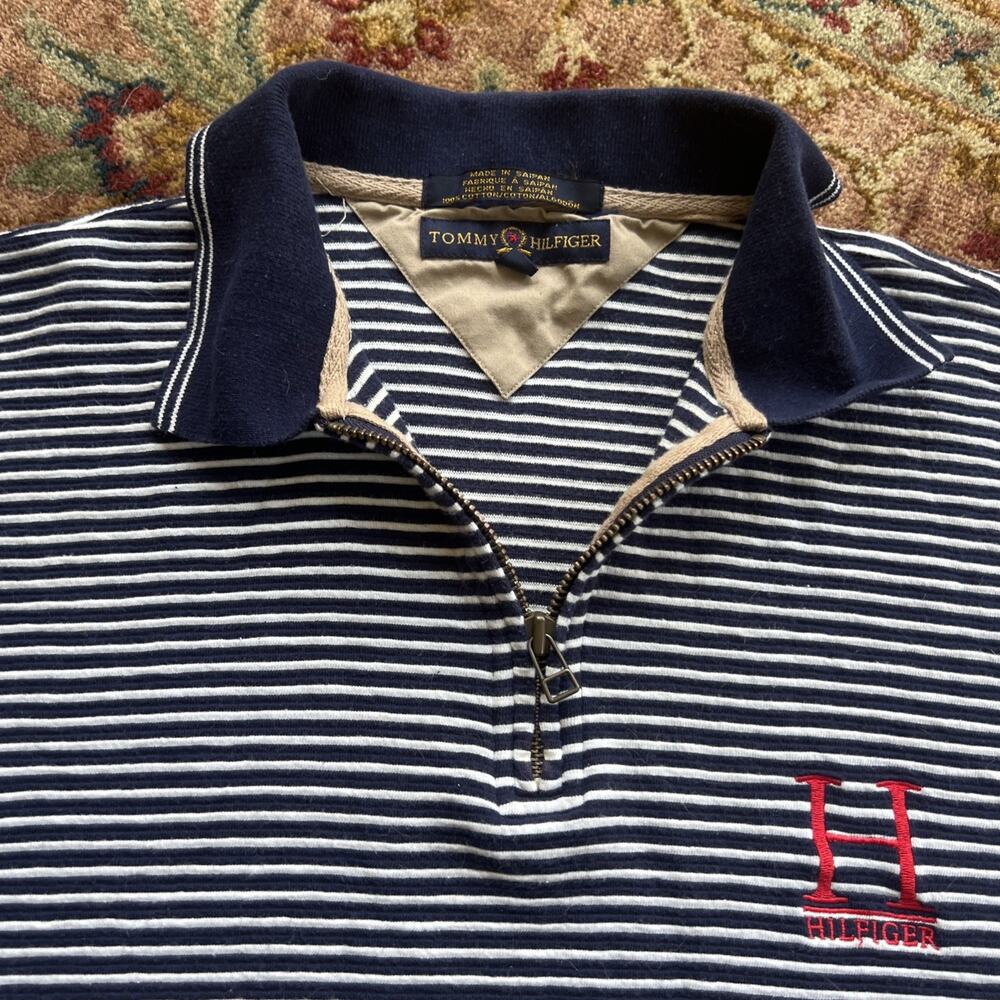 Vintage Tommy Hilfiger 1/4 Zip Striped Navy/White Polo Red Cotton Crest H Logo L - Picture 4 of 9